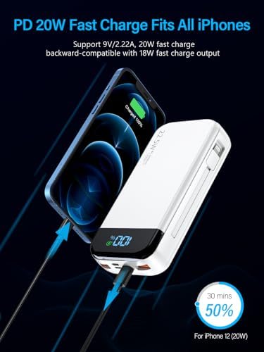 High-Capacity 32000 m Ah Portable Charger with Built-in Cables, Fast Charging Technology (22.5 W QC 3.0 & 20 W PD), Smart LED Display for Multi-Device Power Management – Sleek Blue External Battery Pack for Professionals and Travelers