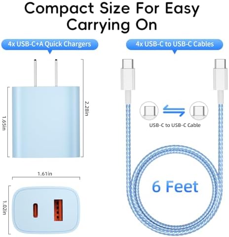 High-Speed 20 W Dual-Port Wall Charger Set with 6 FT USB-C Cable – 4-Pack Premium Fast Charging Solution for i Phone 16/15 & i Pad Pro 12.9″/11″ – Versatile, Compact, and Reliable Power Adapter for Home, Office, and Travel Needs – Enhance Charging Efficiency with Superior Durability and Ultra-Fast Performance for Multiple Devices
