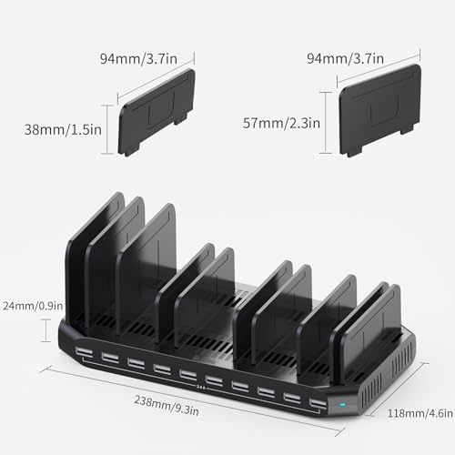 Ultimate 10-Port USB Charging Station with QC3.0 – 60 W Multi Charger Hub for Tablets & Smartphones, Customizable Dividers for Organized Power Management, Fast Charging Technology for Home & Office Use