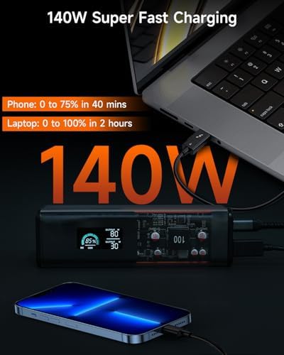 Ultra-Fast Portable Laptop Charger with AC Power Outlet – 27000 m Ah High-Capacity Battery Pack for Rapid Charging (140 W USB-C, 100 W AC) – Compact Emergency Power Bank for Camping, Home, and Outdoor Use – Multi-Functional USB Ports with Long-Lasting Lithium Battery – Integrated LED Flashlight & LCD Display for Enhanced User Experience