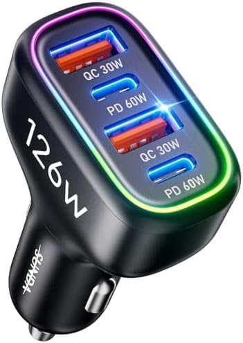 Ultimate USB C Car Charger – 126 W Dual PD60 W & QC30 W Fast Charging Adapter with 4 Ports for i Phone 16/15/14/13/12, Samsung Galaxy S24/S23 & Google Pixel – Unmatched Speed & Versatility for All Devices on the Go