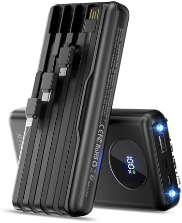 Ultra-Fast Portable Charger with Built-In Cables & LED Display – 10000 m Ah Power Bank for Multiple Devices, 22.5 W Super Speed Charging, Slim Design for Travel & Emergency Use – Compatible with i Phone 16/15/14/13/12, Samsung Galaxy, Google Pixel & More (Purple) – Ultimate Convenience & Safety Features