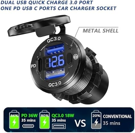 VANONE 12 V USB Outlet Charger – Dual 36 W Power Delivery & 18 W QC3.0 Ports for Fast Device Charging in Cars, Boats, RVs, ATVs, and More – Premium Aluminum Alloy Construction for Enhanced Durability and Universal Compatibility