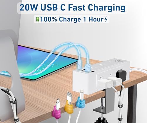 Maximize Workspace Efficiency with the 9-Outlet Desk Clamp Power Strip – Ultimate Mountable Surge Protector Featuring Fast Charging USB & USB-C Ports, 6 ft Extension Cord for Home Office Convenience, Sleek White Design for Enhanced Aesthetics and Functionality