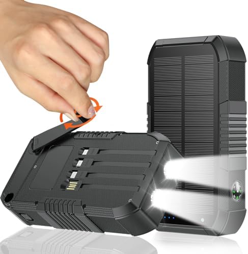 Ultimate Solar Power Bank 66800 m Ah with Hand Crank & 4 Charging Cables – 22.5 W Fast Charge for Camping, Emergency Preparedness, and Outdoor Adventures – Equipped with SOS Strobe Light, Strong Flashlight, and Compass – Rugged & Reliable Portable Charger for All USB Devices