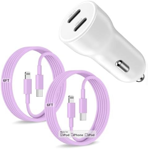 Dual-Port 45 W USB C Car Charger Adapter for Apple Devices – MFi Certified Fast Charger with 3 ft Lightning Cable (Pack of 2) – Rapid Charging for i Phone 14/13/12/11 Pro Max, i Pad, and Air Pods – Durable & Portable Power Solution for On-the-Go Lifestyle