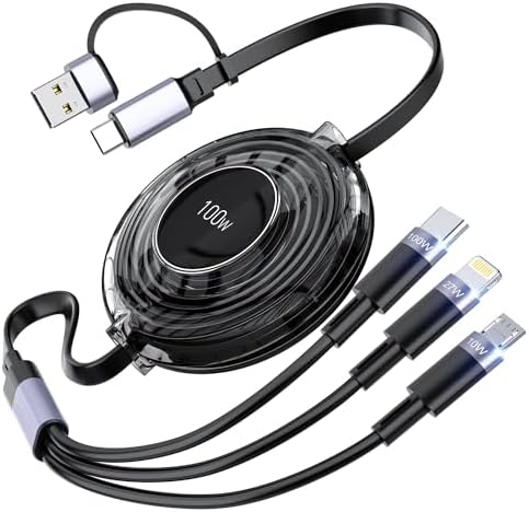 Versatile 3-in-1 Retractable Charging Cable for Ultimate Device Compatibility – 100 W Fast Charging USB-C, Lightning, and Micro USB for i Phone 16/15/14 Pro Max, Samsung Galaxy, Kindle – Portable Travel Charger with Sleek Black Design for Effortless Power on the Go