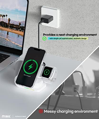 Versatile Miak 3 in 1 Wireless Charging Station for i Phone, Air Pods & Apple Watch – Fast Mag Safe-Compatible Dock for Nightstand & Workspace – Streamlined Design with Overcharge Protection & Efficient Device Power-Up