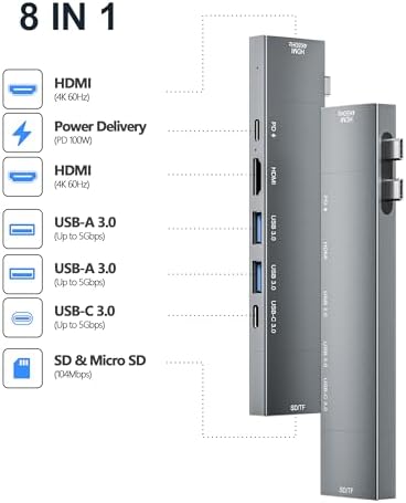 Maximize Your Mac Book’s Potential with the NXPGKEA 8-in-2 USB C Hub – Dual 4 K HDMI Outputs for Stunning Displays, High-Speed USB-A Ports for Effortless Data Transfers, and Micro SD/SD Card Readers for Instant File Access – Ideal for Mac Book Pro, Air M1/M2/M3, Dell XPS, Lenovo Think Pad, and HP Laptops – Compact, Durable Hub for Professionals on the Move