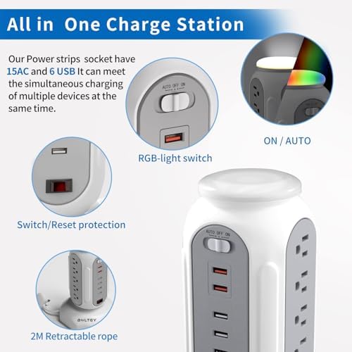 Ultimate Flat Plug Fast Charging Tower – 15 AC Outlets & 6 USB Ports (2 Fast Charge) – Compact Surge Protector Power Strip with 6.5 FT Extension Cord for Home, Office, and Dorm Room – Maximize Charging Efficiency and Enhance Safety