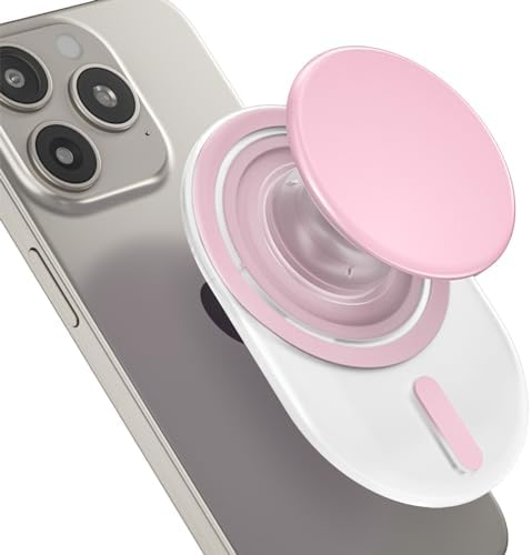 AUROX Mag Safe Phone Grip and Stand – Expandable Collapsible Mobile Holder for i Phone 12-16 Series – Secure Magnetic Attachment in Chic White & Pink – Versatile Kickstand for Streaming and Hands-Free Use – Enhance Usability and Style for Everyday Convenience