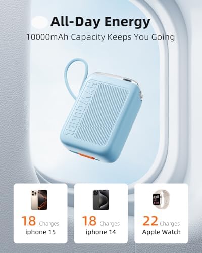 Compact 30 W Retractable USB-C Power Bank with Fast Charging – Sleek Dual Charging Battery Pack for i Phone 15, Android Devices & Laptops – Integrated 60 cm Cable & LCD Display for Ultimate On-the-Go Power Solutions