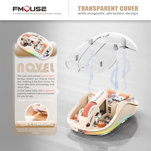 Sleek Dual Connectivity Transparent Wireless Mouse – Rechargeable RGB with USB-C Receiver for Mac Book & Laptops, Compact Design with Cool LED Lights, Silent Operation, and Magnetic Cover for Enhanced Portability – Orange