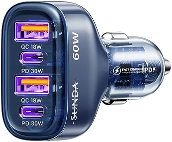 Experience Rapid Roadside Charging with SUNDA 120 W USB C Fast Car Charger – 4-Port Adapter Featuring Dual Type C PD60 W/PPS60 W for i Phone 16/15 Pro/Max/14 & Samsung Galaxy S24, Plus Dual USB-A 30 W QC3.0 for All Android Devices – Compact, Durable, and Universally Compatible for Effortless Multi-Device Charging on the Go