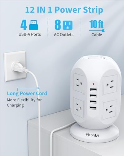 Ultimate Surge Protector Power Strip Tower: 8 AC Outlets, 4 USB Ports (Including 1 USB-C), 10 ft Flat Extension Cord – Versatile Charging Station for Home, Office or Dorm Use – Space-Saving Design with Advanced Surge Protection and Fast Charging Capabilities