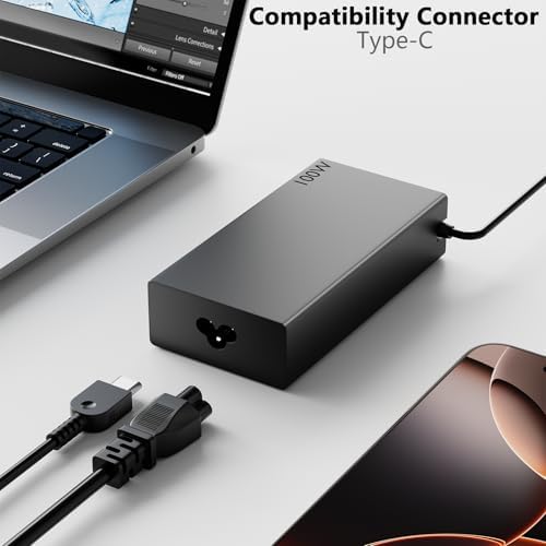 High-Performance 100 W USB-C AC Adapter for Lenovo Laptops – Fast Charging Capability for Think Pad P Series, Yoga Pro 7, and Legion Models – Ultra-Slim, Lightweight Design for On-the-Go Professionals – Reliable Power Supply with Advanced Safety Features and Broad Compatibility