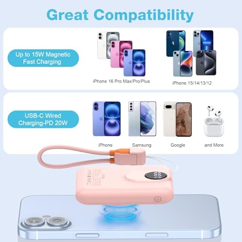 Compact Magnetic Power Bank for i Phone 12-16 | 5000 m Ah Slim Wireless Charger with 20 W Fast Charging, Detachable USB-C & i OS Cable, LED Display | Ultimate Portable Power Solution in Black
