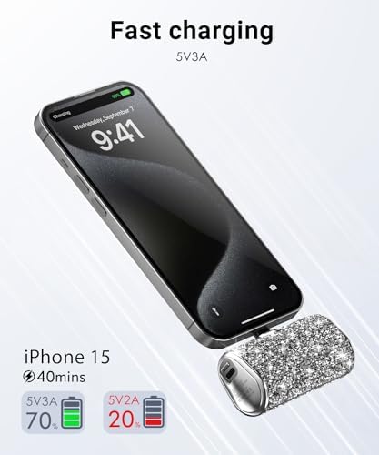 Chic Gray Bling Portable Power Bank – 6800 m Ah Fast Charger with Type-C Connector and Built-in Flashlight for i Phone 15 & Android Devices – Ultra-Compact Design for Stylish On-the-Go Charging and Emergency Preparedness
