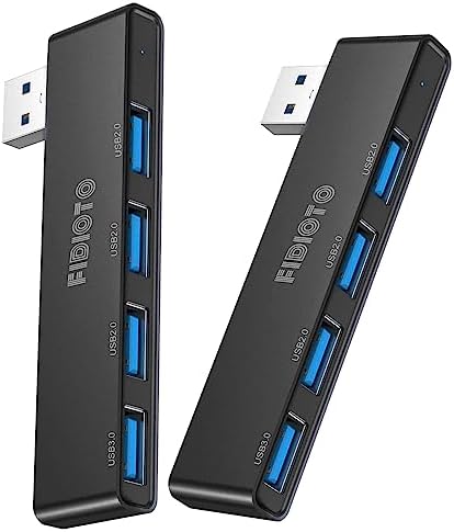 Enhance Your Digital Workspace with Fidioto USB Hub 2 Pack – Versatile 4-Port Adapter for Laptops & Macs, Featuring 1 Ultra-Fast USB 3.0 Port and 3 USB 2.0 Ports for Effortless Device Connectivity and Data Transfer, Ideal for Busy Professionals and Students on the Move