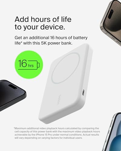 Belkin 5000 m Ah Wireless Power Bank with Qi2 Technology – Mag Safe-Compatible Portable Charger Featuring Built-in Kickstand for i Phone 16, 15, 14, 13, Plus, Pro, Pro Max – Sleek White Design for Seamless Charging on the Go – Optimal Speed & Versatile Compatibility