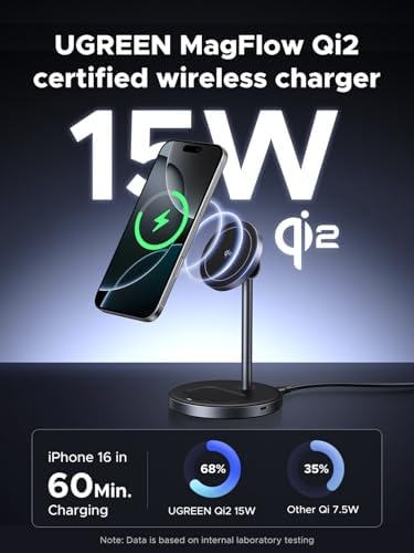 UGREEN Qi2 Certified 15 W Magnetic Wireless Charging Stand – 2-in-1 Fast Charging Station for i Phone 16, 15, 14, 13, 12 & Air Pods – Mag Safe-Compatible with 3 FT USB-C Cable for Effortless Power and Enhanced Organization