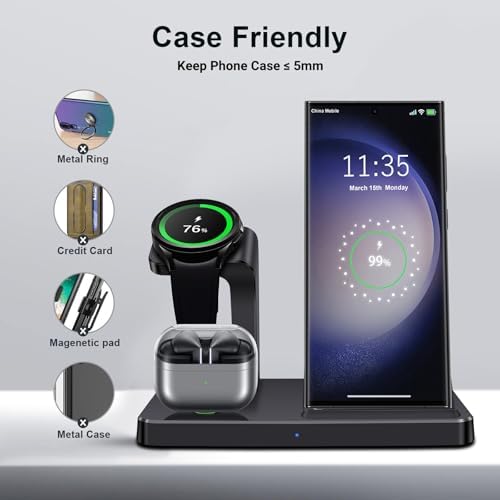 3-in-1 Fast Wireless Charging Station for Samsung Devices – Ultra-Compatible Dock for Galaxy S25/S24/S23/Z Fold/Flip, Galaxy Watch Ultra/7/6/5, and Galaxy Buds – Sleek Design with Case-Friendly Charging and Advanced Safety Features – Ideal for Home, Office, and Multi-User Environments – (Black)