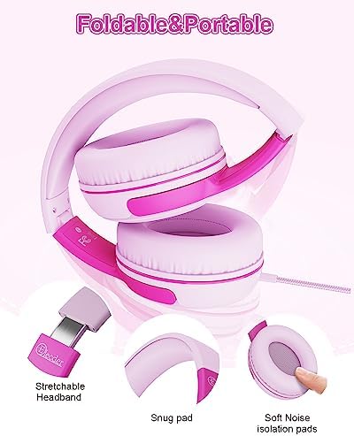 Vibrant Purple/Red ELECDER S8 Wired Kids Headphones with Adjustable Volume Control – Safe Sound Technology (85/94 d B) for Hearing Protection – Comfortable Fit for Growing Children – Perfect for School, Travel, and Play – Built-in Microphone for Effortless Communication – Compatible with Tablets and Smartphones – Durable Design for Everyday Adventures