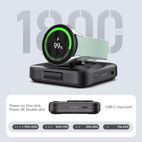 Ultra-Compact Wireless Charger for Samsung Galaxy Watches – 1800 m Ah Power Bank for Series 7, Ultra, 6, 5, 4, 3, Active 2 – Sleek Tech Grey Design for Fast, Cordless Charging Anywhere – Essential Travel Companion for Professionals and Adventurers