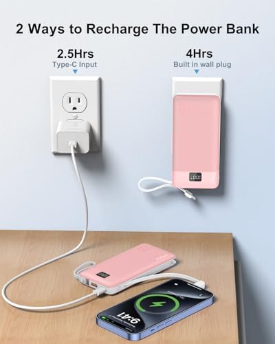 Revolutionize Your Charging Experience with ANOUV 10,000 m Ah Portable Power Bank – Built-in Cables & AC Plug for Fast, On-the-Go USB-C Charging, Compatible with i Phones and All Smart Devices – LED Display for Real-Time Battery Monitoring – The Ultimate Travel Essential for Efficiency and Convenience