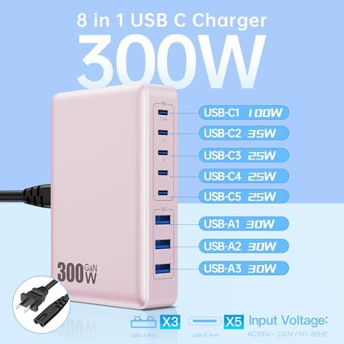 High-Power 300 W USB C Charging Hub – 8-Port Ga N III Fast Charger for Mac Book Pro, Dell, i Phone 16/15/14, Galaxy S23/22 – Ultimate Multi-Device Charging Station for Home and Travel with PD Compatibility