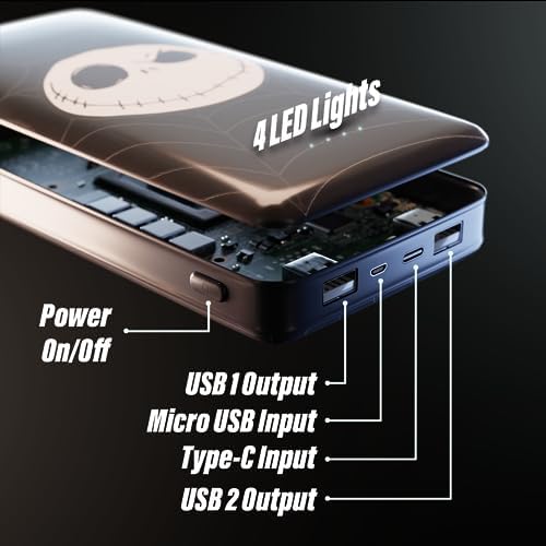 Tim Burton’s The Nightmare Before Christmas Jack Skellington 10,000 m Ah Portable Power Bank – Universally Compatible USB Charger for Phones & Tablets – Perfect Gift for NBC Enthusiasts – Fast Charging & Stylish Design for On-the-Go Power