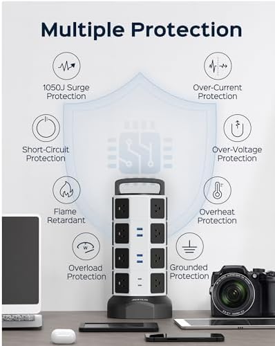JACKYLED Power Strip Tower Surge Protector with 12 Outlets and 6 USB Ports (2 USB-C) – High-Speed Charging Station with 1050 Joules Protection, 1625 Watts, 6.5 ft Extension Cord for Enhanced Home Office Efficiency and Device Safety
