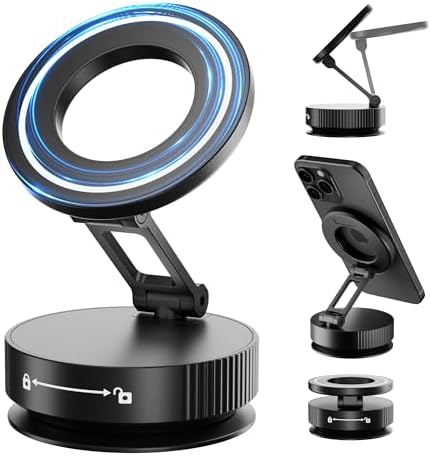 Vacuum Magnetic Phone Holder for MagSafe,Foldable Metal Suction Cup Phone Mount,360° Rotatable Phone Mount for All Smartphones & All Car Models-Black – Enhanced Compatibility and Speed