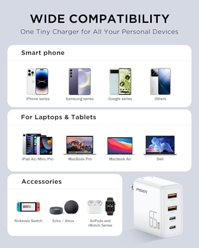PISEN 65 W Ga N USB-C Fast Charger | 4-Port Compact Wall Adapter with 4 FT Cable | Ultimate Charging Solution for Mac Book Pro, i Pad Pro, Galaxy S23 & i Phone Series | Enhanced Speed, Energy Efficiency & Travel-Friendly Design
