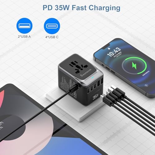 Advanced 7-in-1 Universal Travel Adapter with 35 W PD Fast Charging – Sleek Black & Silver Design for Worldwide Use, Featuring 4 USB-C and 2 USB-A Ports for Effortless Connectivity Across the US, UK, Europe, and Australia – Unmatched Compatibility and Speed for Every Adventure