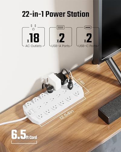 Maximize Your Power Efficiency with SUPERDANNY 18-Outlet Surge Protector Power Strip – 4 USB Charging Ports, 1875 W/15 A, 2100 J Surge Protection, 6.5 FT Heavy-Duty Flat Plug Extension Cord for Home, Office, Gaming, and Dorm Use – Versatile Wall Mount Design for Unmatched Convenience and Safety
