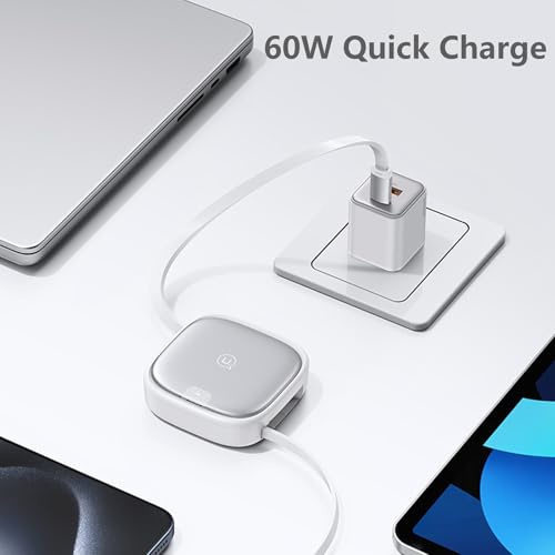 Retractable Charging Cable with Organizer | 60W Fast Charging USB-C to Type-C/Lightning/Android/USB | SIM Ejector & Phone Stand for iPhone 16/15, MacBook, Samsung, Huawei​ Silver – Enhanced Compatibility and Speed