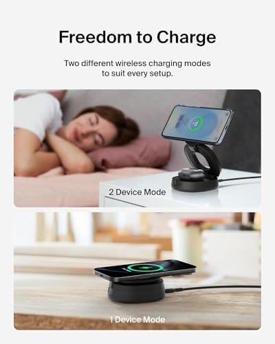 Elevate Your Charging Experience with the Belkin 2-in-1 Qi2 Wireless Charging Station – Fast 15 W Mag Safe Compatible Charger for i Phone 16, Apple Watch & Air Pods – Portable Phone Stand with 30 W Adapter – Sleek Black Design for Travel & Everyday Use – Ultimate Convenience & Speed