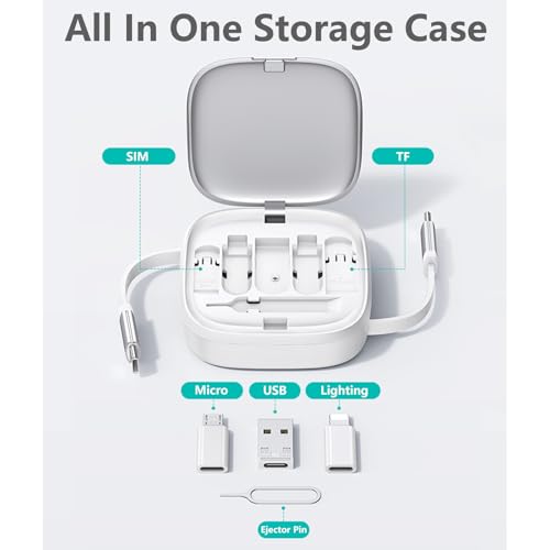 Retractable Charging Cable with Organizer | 60W Fast Charging USB-C to Type-C/Lightning/Android/USB | SIM Ejector & Phone Stand for iPhone 16/15, MacBook, Samsung, Huawei​ Silver – Enhanced Compatibility and Speed