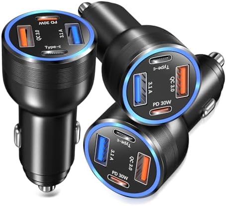 Bangfun 3-Pack 65 W USB C Car Charger – Fast 4-Port QC 3.0 & PD 30 W Adapter for i Phone 15/14/13, i Pad Pro, Samsung & Android Devices – Sleek Silver Cigarette Lighter Charger for Effortless Travel Power Management