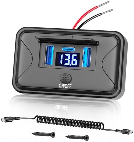 72 W 12 V USB Outlet Panel Mount Charger Duo with Voltmeter – Quick Charge for Cars, RVs, Buses & Trucks – High-Speed Charging Solution for Smartphones and Tablets – Compact, Durable, and Easy Installation