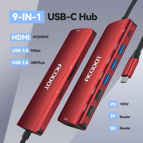 Acodot 9-in-1 USB C Hub: Ultimate 4 K HDMI Adapter with 3 USB 3.0 Ports, SD/TF Reader & 100 W Power Delivery – Stylish Purple Multiport Hub for Mac Book, HP, XPS & More – Boost Your Productivity with Seamless Connectivity and Fast Charging
