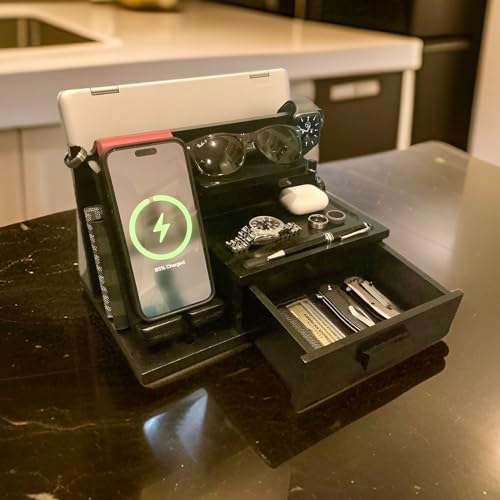 Black Wood Phone Docking Station with Drawer, Compatible with Apple Watch – Wood Charging Station Organizer Stand, Bedside Nightstand Organizer for Men, Holds, Tablet, Glasses, Keys, EDC – Enhanced Compatibility and Speed