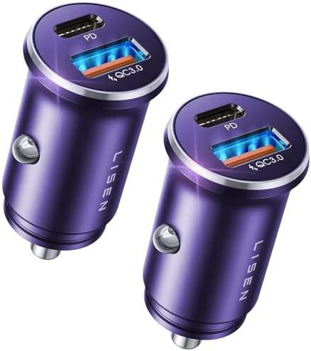 LISEN 2-Pack Ultra Compact 48 W USB C Car Charger Adapter – All Metal Fast Charge Cigarette Lighter USB Charger for i Phone 15, 14 Pro Max, Galaxy S23/22, i Pad Pro – Smallest Flush Design for Seamless Integration and Enhanced Speed