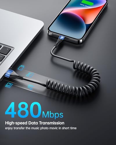 Premium Coiled Lightning Charger Cable for Car – 2-Pack with 3 FT & 5 FT Lengths, MFi Certified Retractable Cord for i Phone 14/13/12/11 Pro Max/XS MAX/XR/XS/8, i Pad & i Pod – Fast Charging & Enhanced Compatibility for Effortless Power on the Road