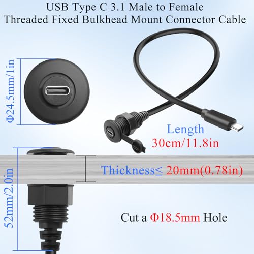 QIANRENON 10 Gbps USB C 3.1 Fixed Mount Waterproof Connector – High-Speed 60 W Charging & 4 K Video Adapter for Furniture, Cars, and RVs | 30 cm (11.8 in) Durable Threaded Bulkhead Cable for Enhanced Data Transfer and Compatibility