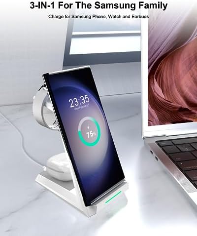 NANAMI Premium 3-in-1 Wireless Charging Station for Samsung Devices – Ultra-Fast Qi Charger Stand for Galaxy S25, S24, S23 Ultra, S22, S21, Z Flip, Fold 4, Galaxy Watch 6/5/5 Pro/4/3 & Buds 2 Pro – Sleek, Space-Saving Design for Modern Lifestyles