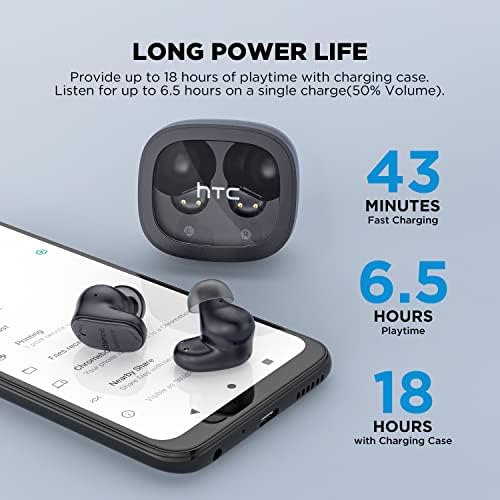 Elevate Your Audio Experience with HTC True Wireless Bluetooth Earbuds – Featuring Cutting-Edge Bluetooth 5.3 for Rapid Connectivity, 24-Hour Playtime, and Low Latency Gaming Mode – Stylish Transparent Charging Case – Perfectly Crafted for Gamers & Music Enthusiasts – Superior Sound Quality, Intuitive Touch Controls & Effortless Wireless Charging for Unmatched Convenience and Durability