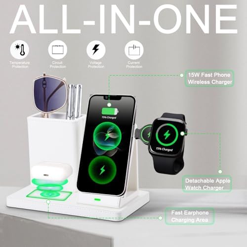 Sophisticated White Leather Pen Holder Desk Organizer with 3-in-1 Wireless Charger for Phone, Earbuds & Watch – Ultimate Desk Accessory for Women, Ideal Birthday Gift for Moms and Professionals – Enhance Workspace Efficiency and Style