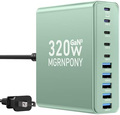 Power Up Like Never Before: 320 W Multi-Device USB C Charger Block with 10 Ports – Ga N III Fast Charging Station for Laptops, Tablets & Smartphones – Perfect for Mac Book Pro/Air, DELL, i Pad, i Phone, Samsung Galaxy – Ultimate Compatibility & Safety Features